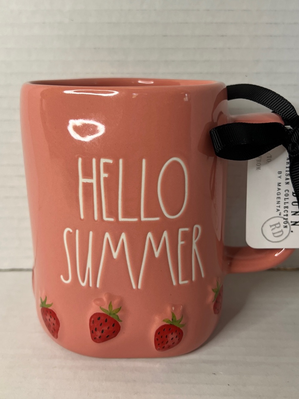 Rae Dunn Coral Pink HELLO SUMMER Strawberry Ceramic Mug New